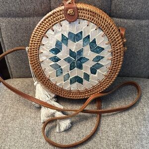 Woven Round Crossbody Bag with Blue Mosaic Accent